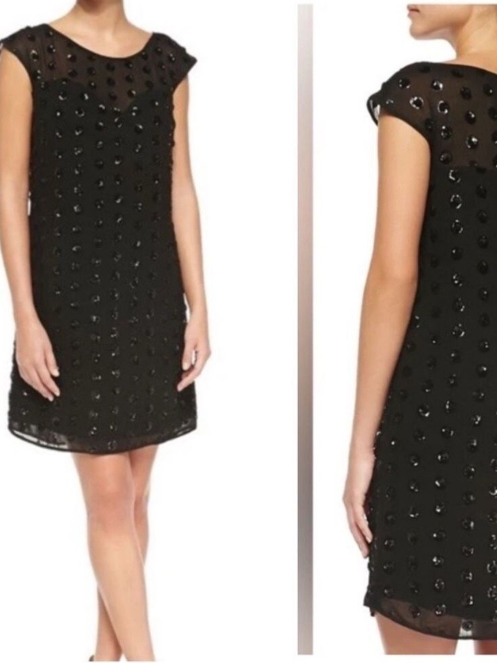 Milly of New York Black Sequin Polka Dot Sheath Mini Dress Cap Sleeve sz 4